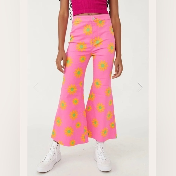 Free People Pants - Free People Pink Floral Flare Pants